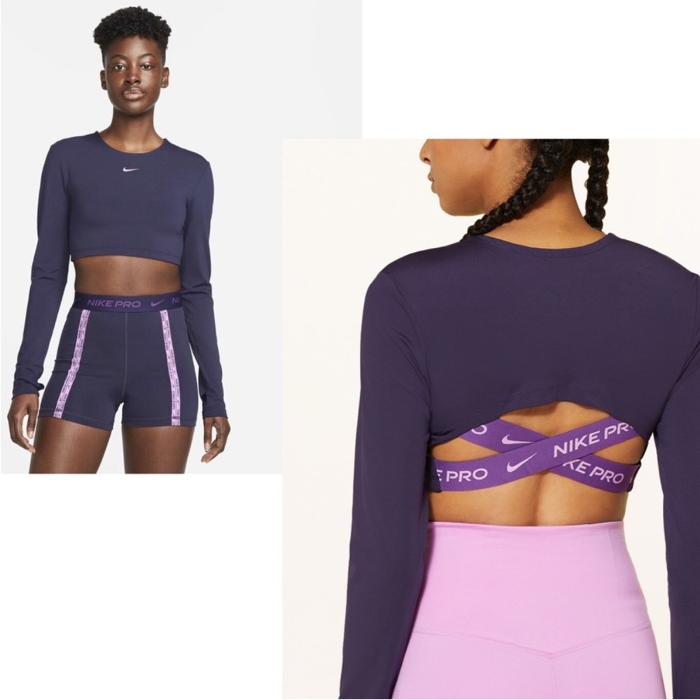 NIKE Pro Dri-FIT Long Sleeve Crop Top with Crisscross Logo Strap Details